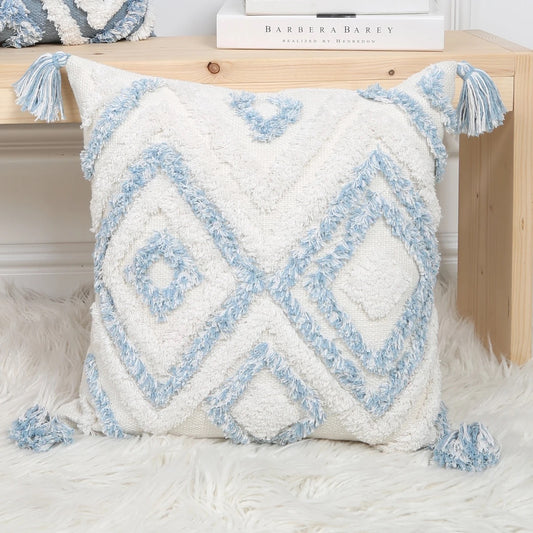 1Pc Blue Geometric Pattern Tufted Throw Pillow Covers,