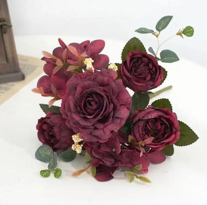 Retro Silk Rose Bouquet Hydrangea Peony Vintage Bride Holding Fake Plants