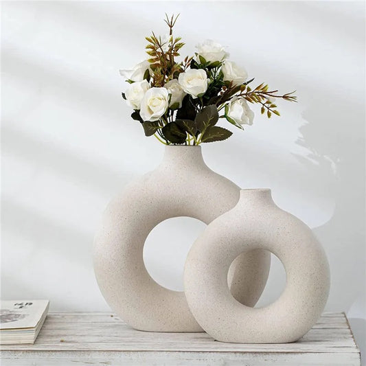 White Circular Hollow Ceramic Vase Donuts Flower Pot Home Decoration Accessories Office Desktop Living Room Interior Decor Gift