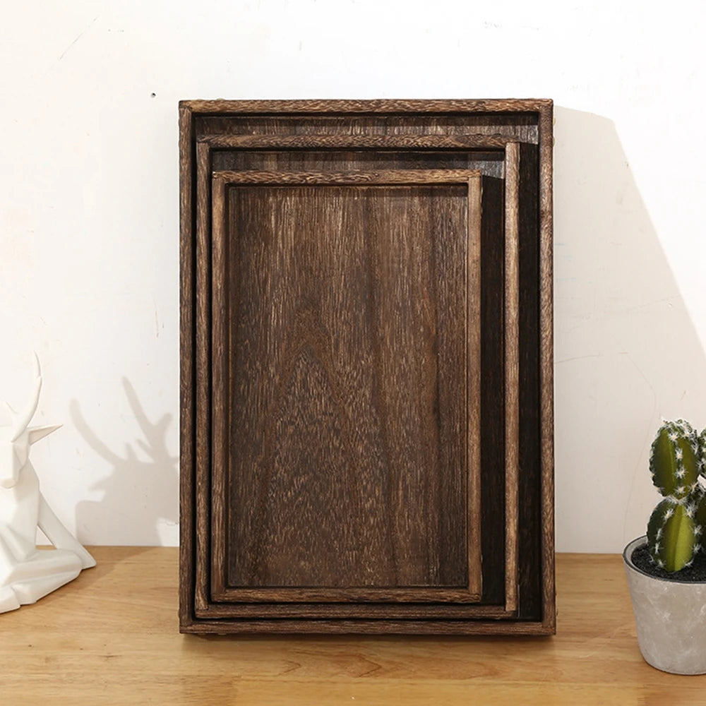 Rustic Wooden Serving Trays with Handle Rectangular Nesting Multipurpose Trays for Tea Coffee Breakfast Table Centerpieces