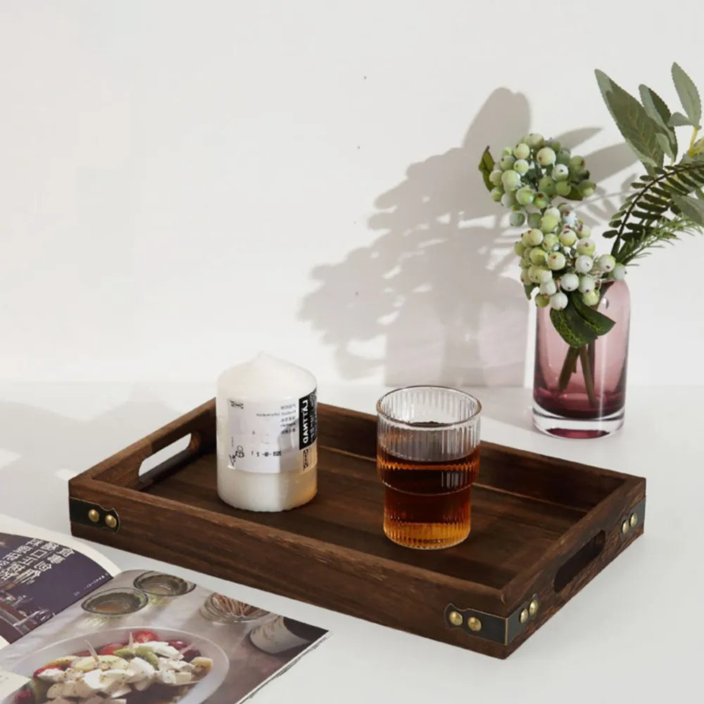 Rustic Wooden Serving Trays with Handle Rectangular Nesting Multipurpose Trays for Tea Coffee Breakfast Table Centerpieces